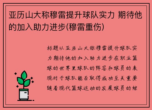 亚历山大称穆雷提升球队实力 期待他的加入助力进步(穆雷重伤)